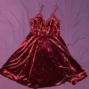 Deep red velvet mini dress soft spaghetti strapped v cut